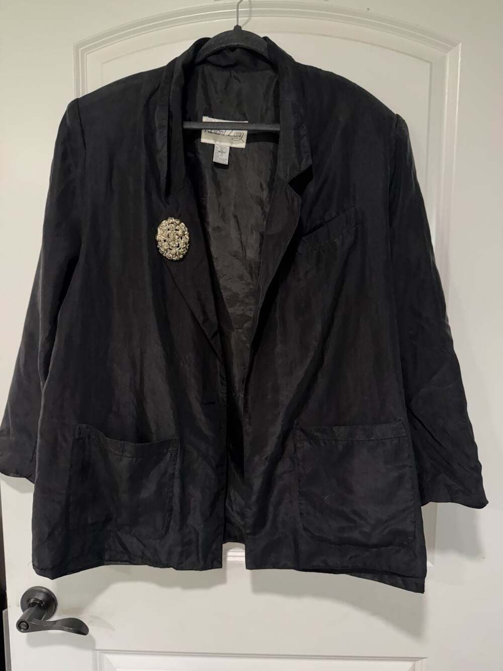 Vintage 80s 90s Black Silk Blazer Oversized Power Jacket Brooch Women’s XL